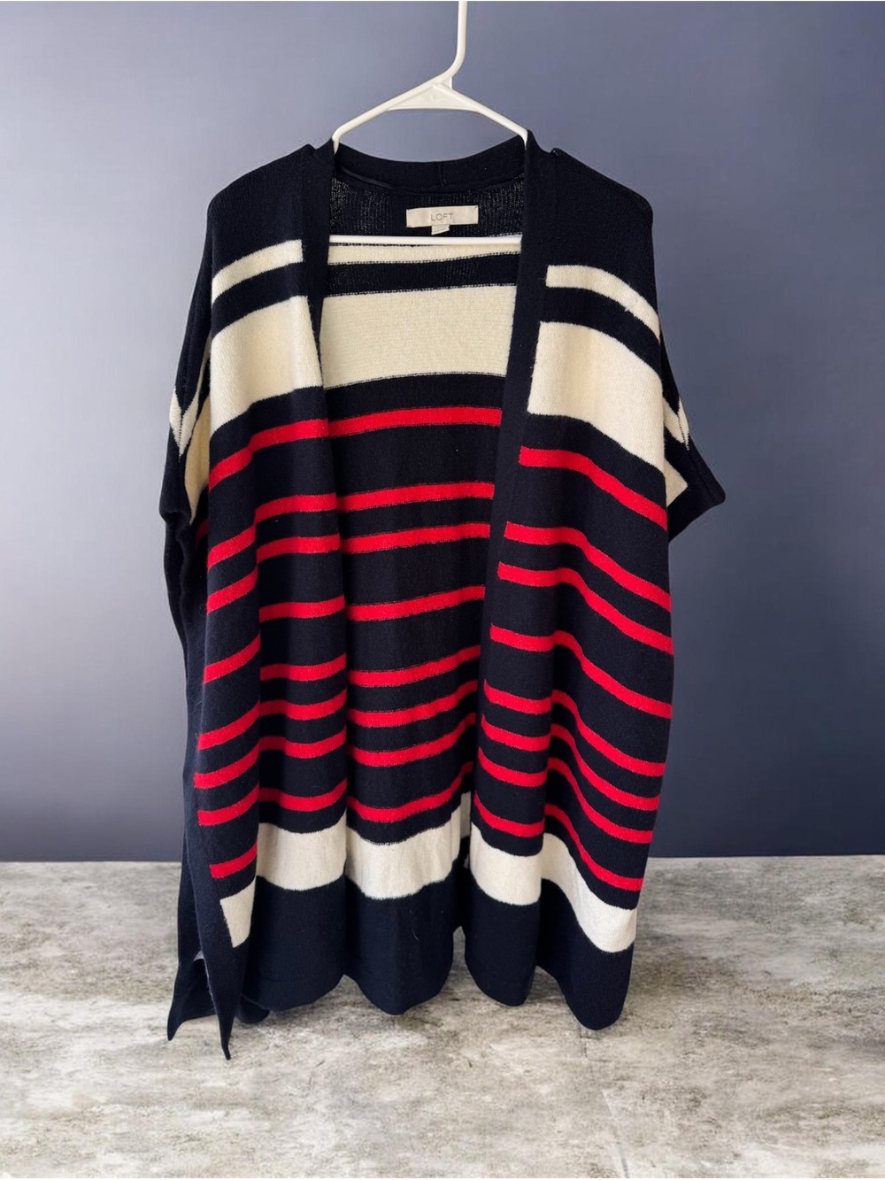LOFT Navy, Red & Cream Striped Open-Front Sweater Poncho oversized